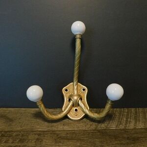 Vintage Brass and White Porcelain Triple Wall Hook